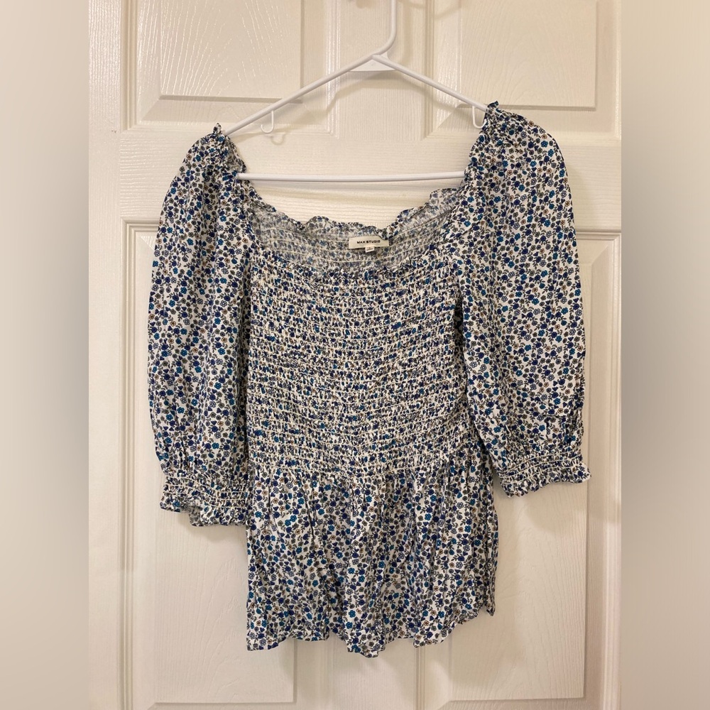 Blue Floral Quarter Sleeve Blouse Size Large